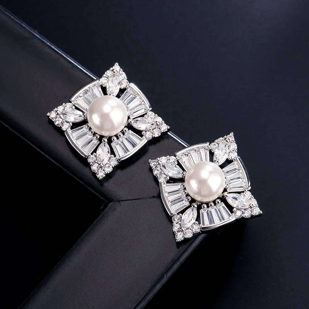 ZAKOL Simple Cubic Zirconia Imitation Pearl Square Stud Silver Color CZ Statement Earrings Hot Sale Jewelry