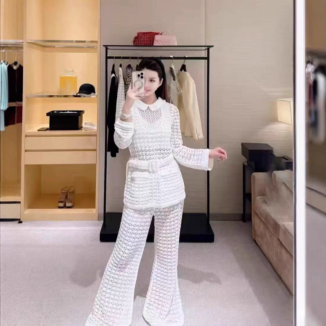 Summer Outfit For Women Lazy Style Hollow Knit Top Sun Protection Cover-Up Long Shirt Casual Slim Fit Wide-Leg Pants