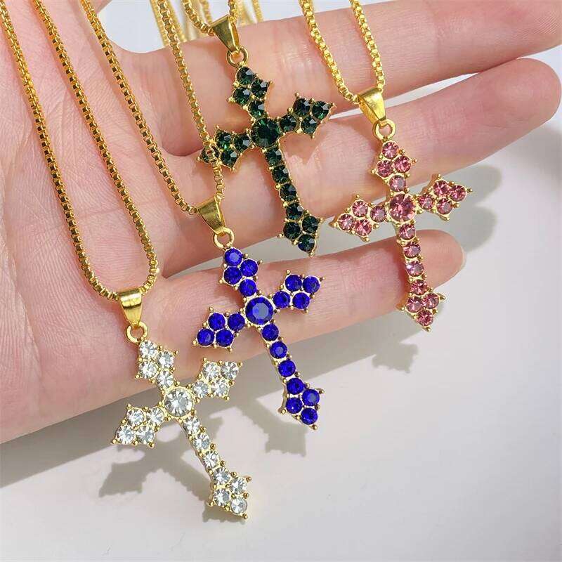 Personalized Fashion Multicolor Crystal Zirconia Cross Pendant Necklace Gold Color Chain Necklaces Unisex Party Jewelry