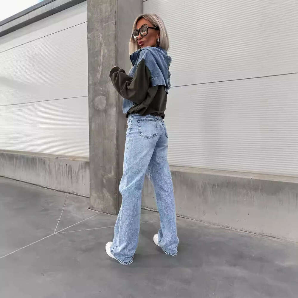 European and American Cross-Border Autumn New Fashion Loose Casual Washed Denim Patchwork Hooded Women's Sweatshirt