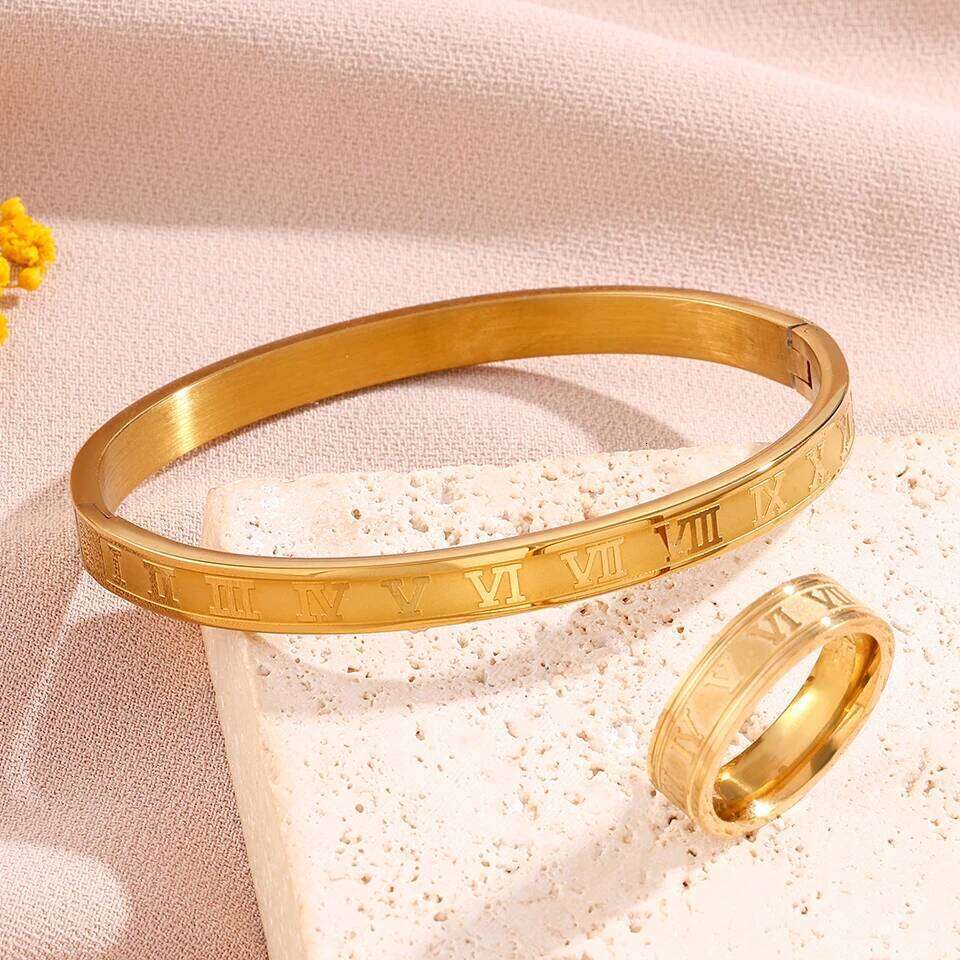 ZAKOL Trendy Roman Numeral Stainless Steel Bracelet Ring Set for Women And Men Minimalist Versatile Personalized Jewelry