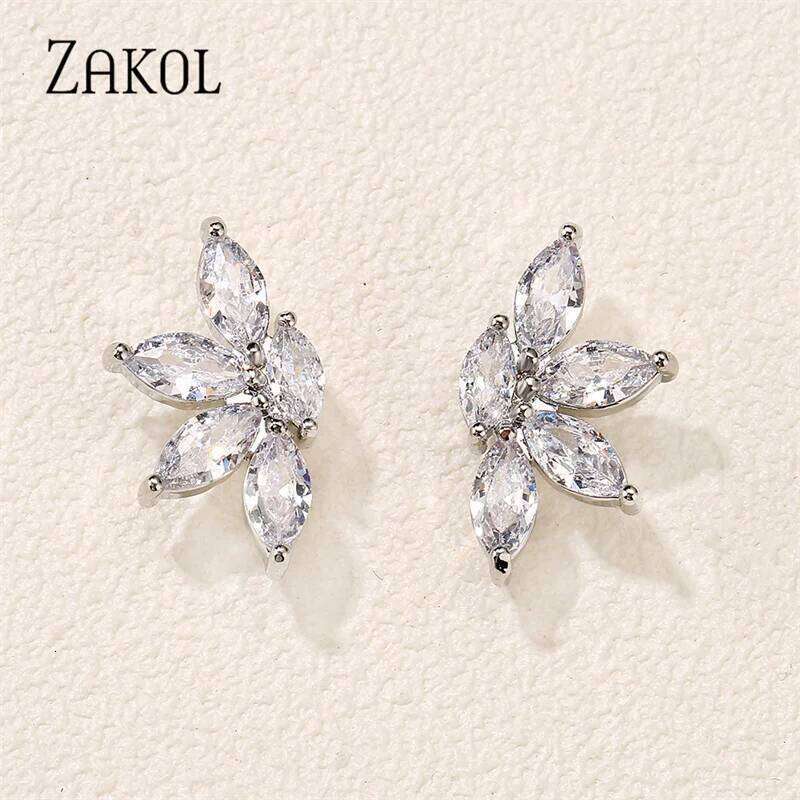 ZAKOL Korean Fashion Marquise Cut Cubic Zircon Stud Earrings for Women Simple Leaf Student Party Daily Jewelry 2023 New