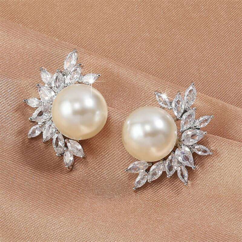 ZAKOL White Imitation Pearl Leaf Stud Earrings for Women Shiny Marquise Zircon Bridal Earring Wedding Jewelry