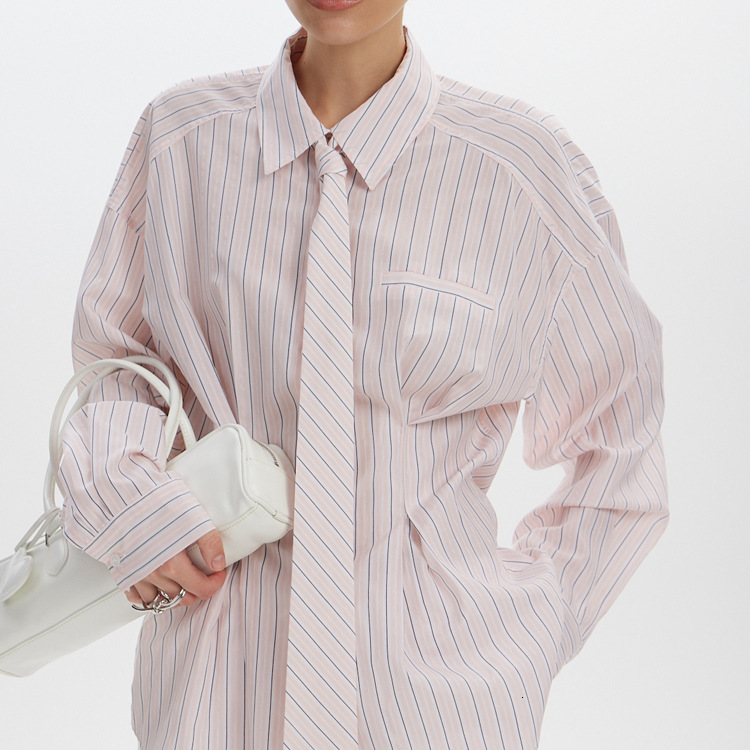 New free shipping Women's Commuter Printed Striped with Turn-down Collar, Long Sleeves, Tie Design, and Waist-cinching Shirt