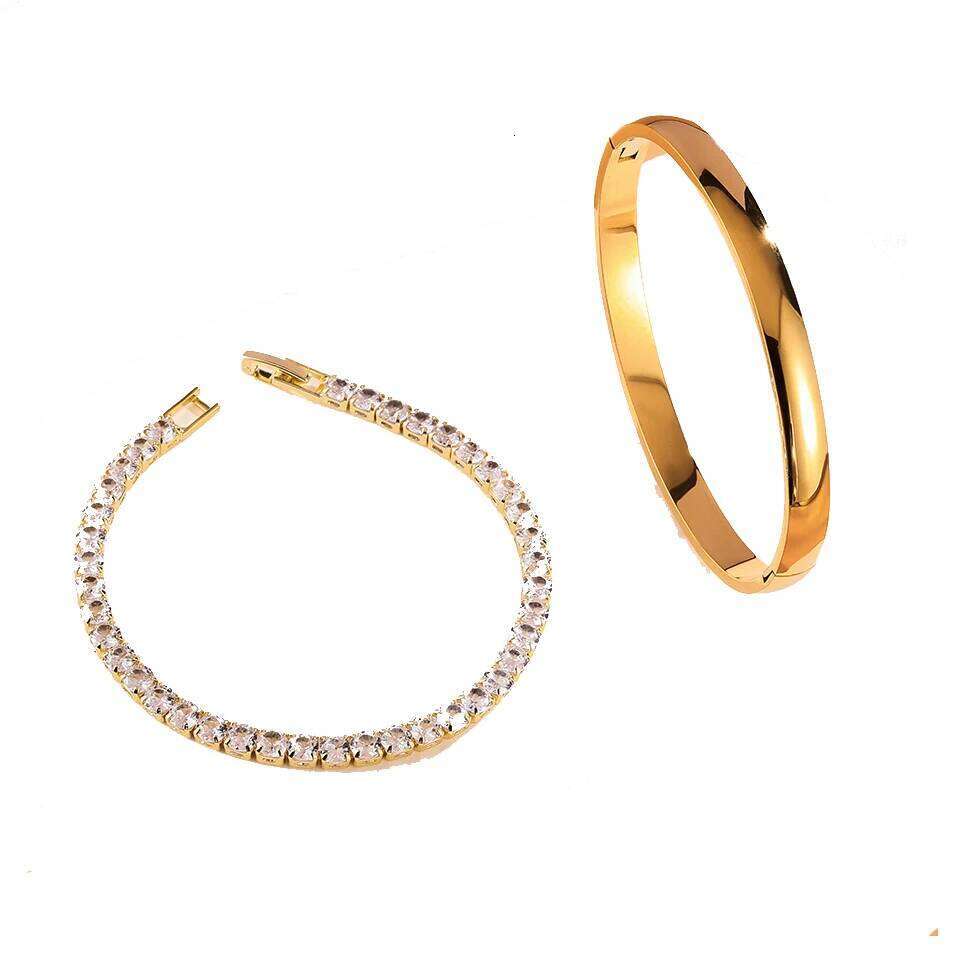 ZAKOL 2Pcs/Set Smooth Stainless Steel Bangle Zircon Tennis Bracelet Set for Women Simple Fashion Daily Jewelry Accessories