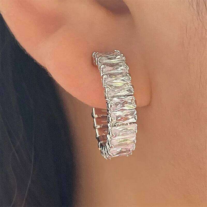 New Geometric Rectangle Zircon Anti Allergy Stud Earrings For Women Fashion Gold Color Circle Shape Party Jewelry