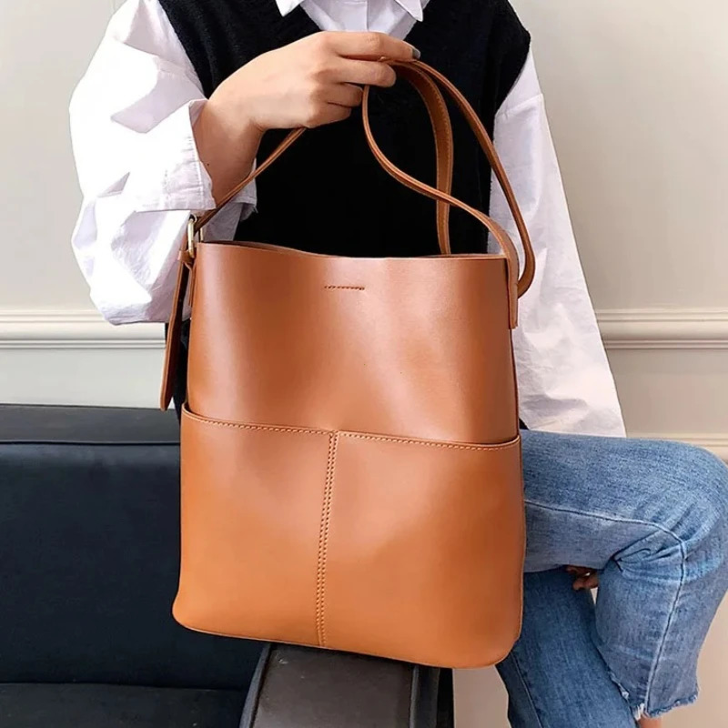 Fashionable Womens Leather Shoulder Bucket Bags Handbags Winter Fall Autumn Femme Casual Sac De Luxe Femme Vintage 251225