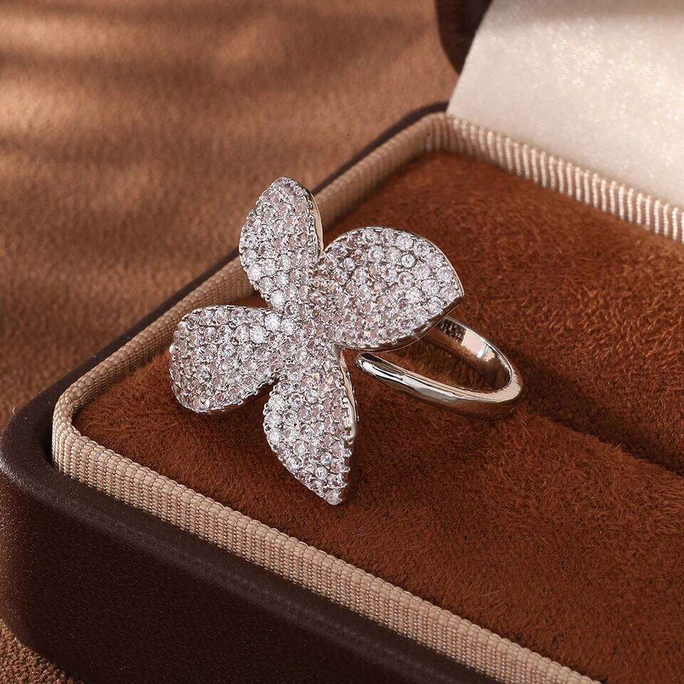 ZAKOL Luxury AAA Cubic Zirconia Leaf Flower Adjustable Open Rings Shiny Crystal CZ Engagement Wedding Jewelry for Women
