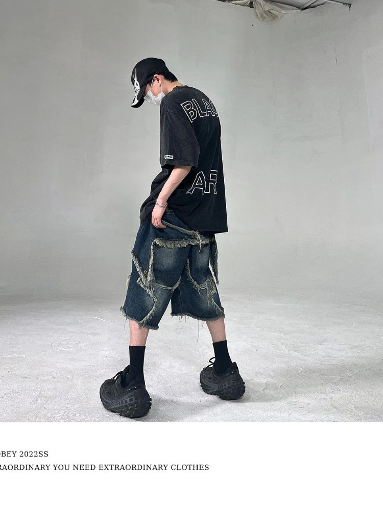 2025 Mens Denim Shorts Harajuku Retro Tassel Patchwork Mens Shorts High Street Loose Hip-hop Trend Streetwear Mens Wear 251223