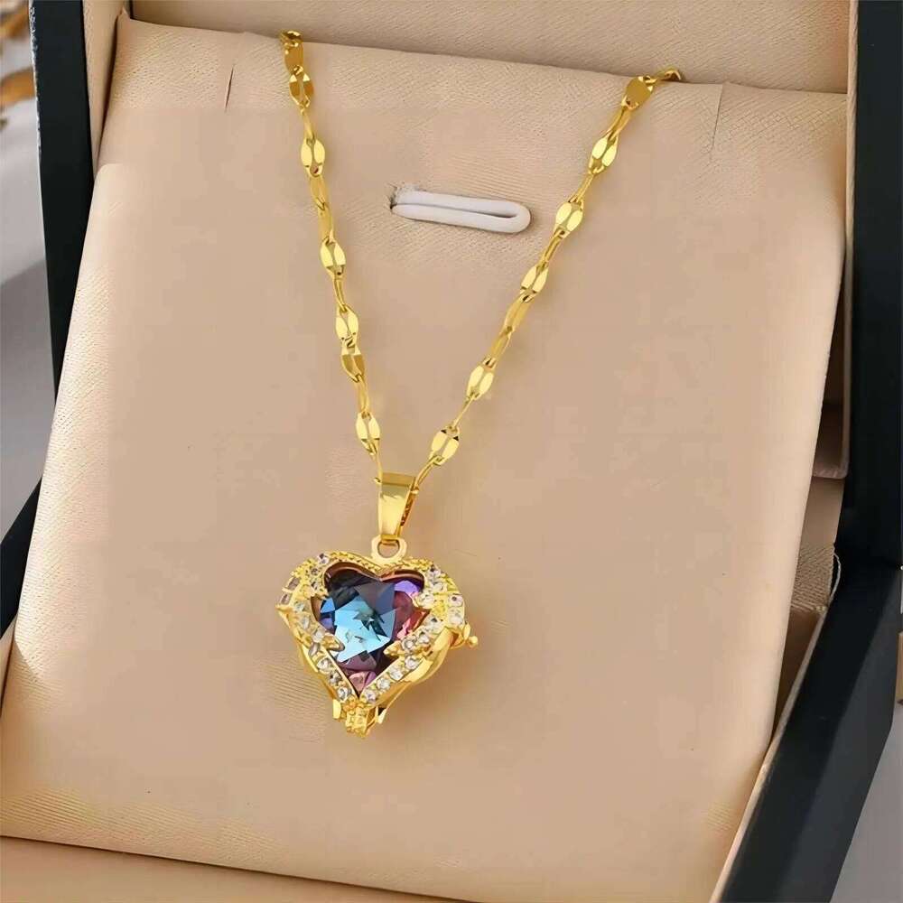 Trendy Heart OF Ocean Stainless Steel Cubic Zirconia Necklaces For Women Men Gold Color Metal Crystal Party Everyday Jewelry