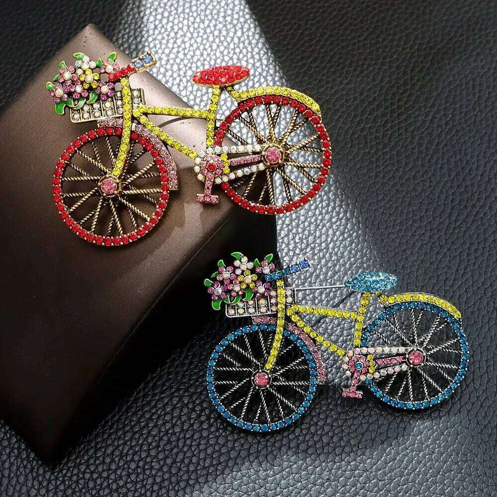 Vintage Bicycle Brooch Pin Inlaid Shiny Rhinestone For Women Ladies Daily Clothing Accessories