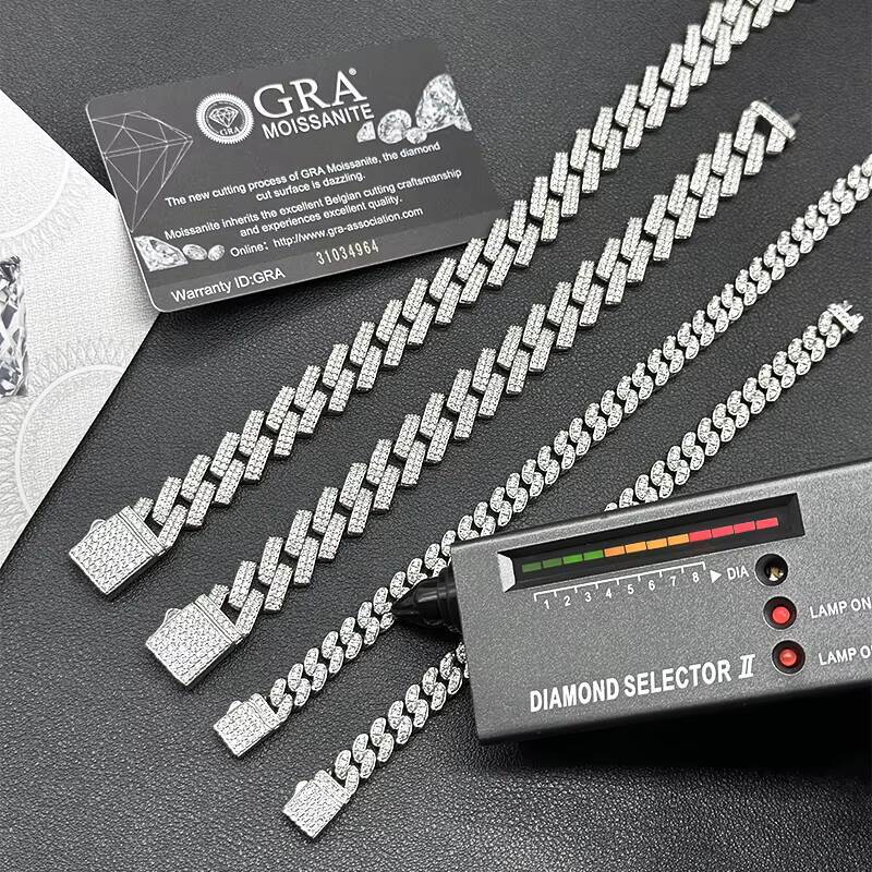 Cuban Link Chain 8mm-14mm S925 Sterling Silver Rhodium Plated VVS D Color Moissanite Bracelet Necklace Cuban Style Link Chain