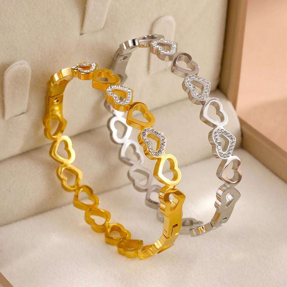 ZAKOL Vintage Hollow Heart Inlaid Rhinestone Zircon Stainless Steel Wide Bangles Bracelets Waterproof Jewelry Gift for Couples