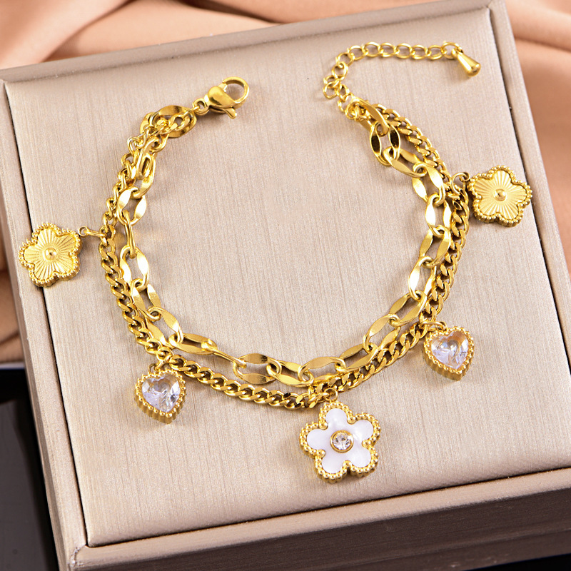 Luxury Brand Designer Jewelry Neutral Style Titanium Steel Bracelet With Bowknot, Star And Moon, Heart, Inlaid With Diamonds, Double Layer Stacked Pig