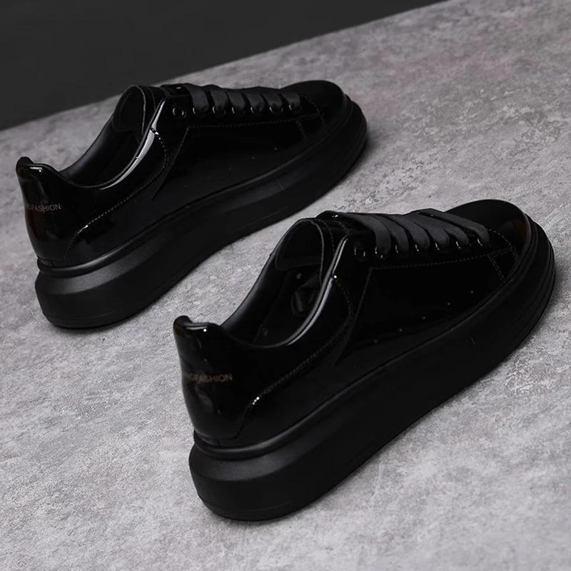 2026 Trendy Men's Shoes, Autumn New Glossy Black Casual Leather Shoes, Spring Fall Fashion Sneakers