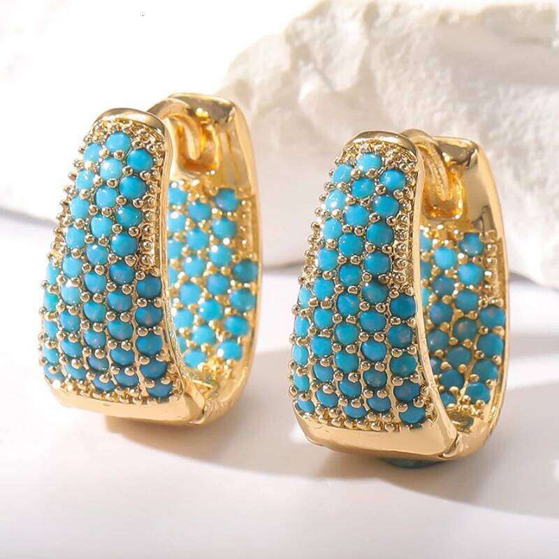 Trendy Flower Round Blue Turquoise Earrings For Women Girls U-shaped Metal Stone Ears Accessories Festival Jewelry Gifts ZAKOL