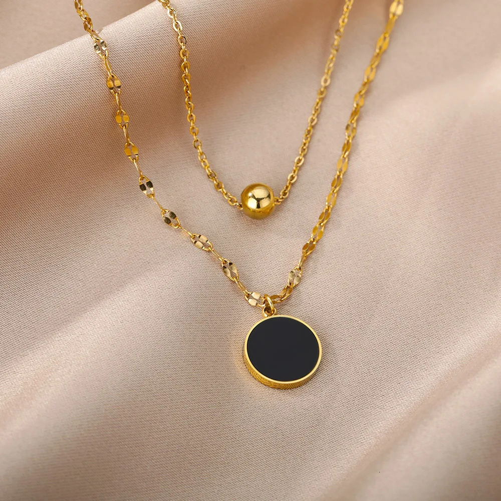 Vintage Black Round Pendant Necklaces For Women Double Layer Stainless Steel Gold Plated Necklace Aesthetic Party Jewerly Gift 251223