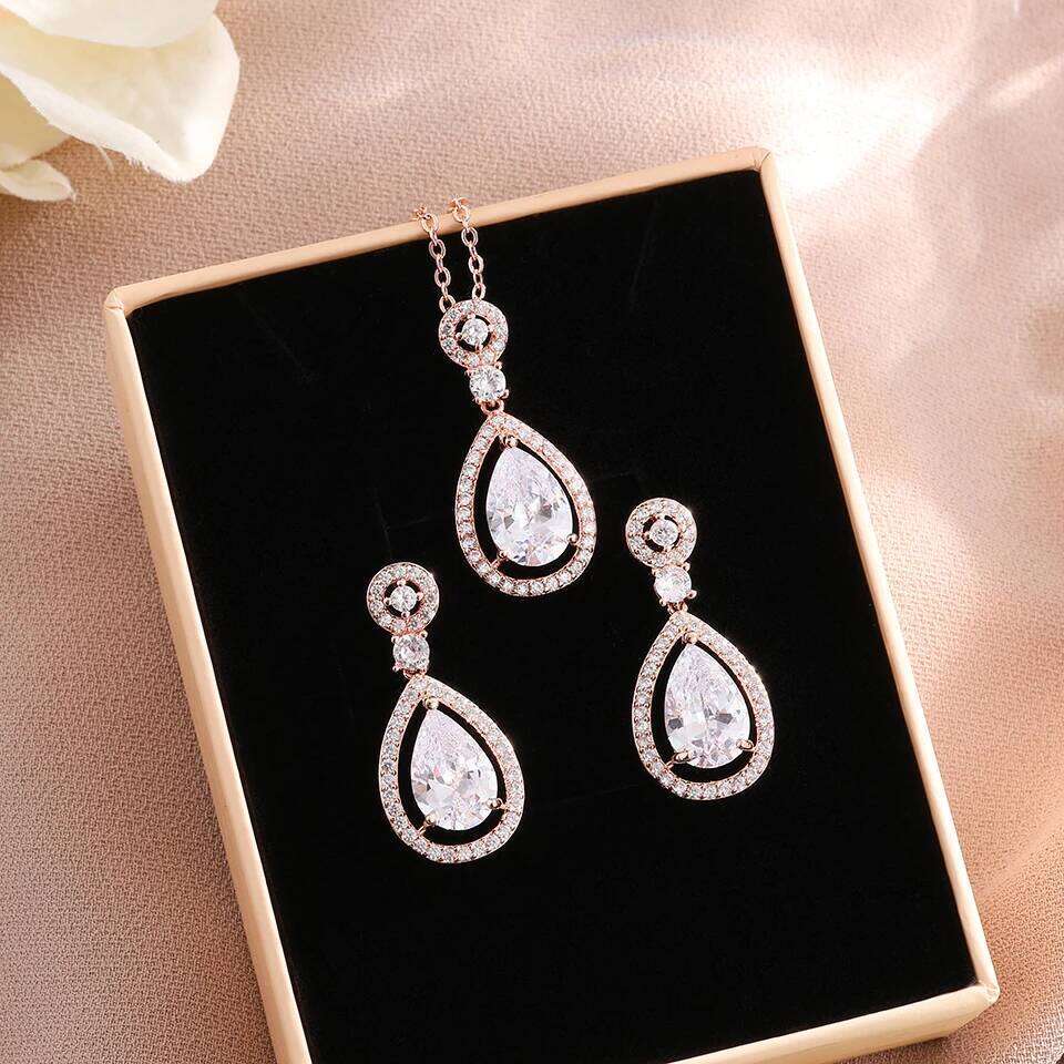 ZAKOL Brilliant AAA Cubic Zirconia Water Drop Earrings Necklace Set for Women Perfect Party Holiday Jewelry Gift