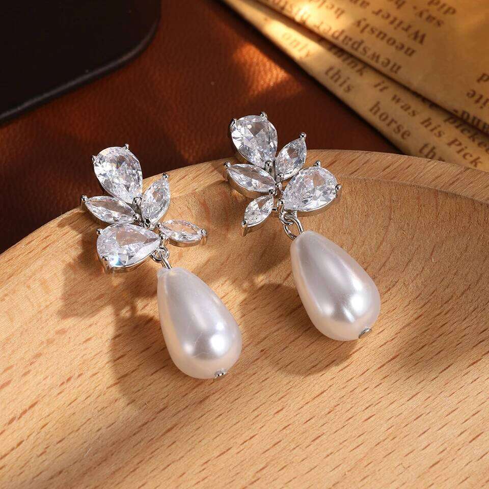 ZAKOL Classic AAA Zircon Pearl Dangle Drop Earrings for Women Shiny Crystal Bride Engagement Wedding Jewelry Ear Accessories