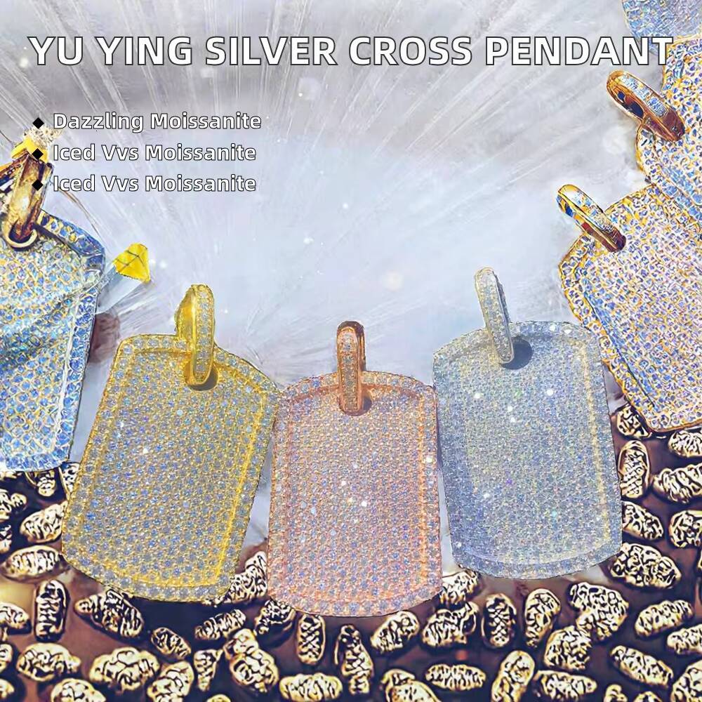Yu Ying 925 Silver Cross-Shape Tag Pendant with VVS Round Diamond Iced Out Moissanite Pendants Charms