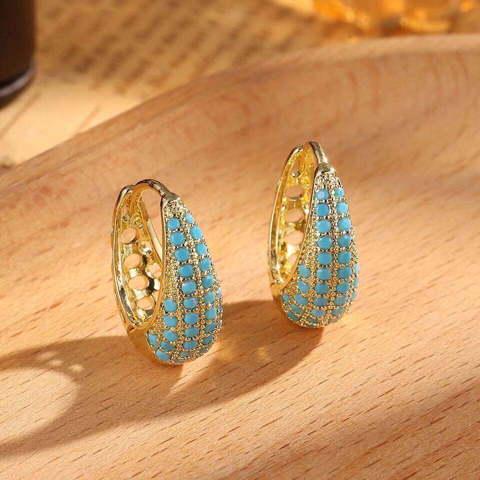 ZAKOL Gold Color Blue Turquoise CZ Chunky Water Drop Shape Hoop Earrings Shiny Clear Zircon Versatile Jewelry Gift