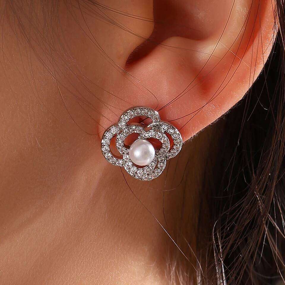 ZAKOL New Korean Fashion Buling CZ Round Pearl Stud Earring for Women Exquisite Camellia Flower Earrings Wedding Party Jewelry