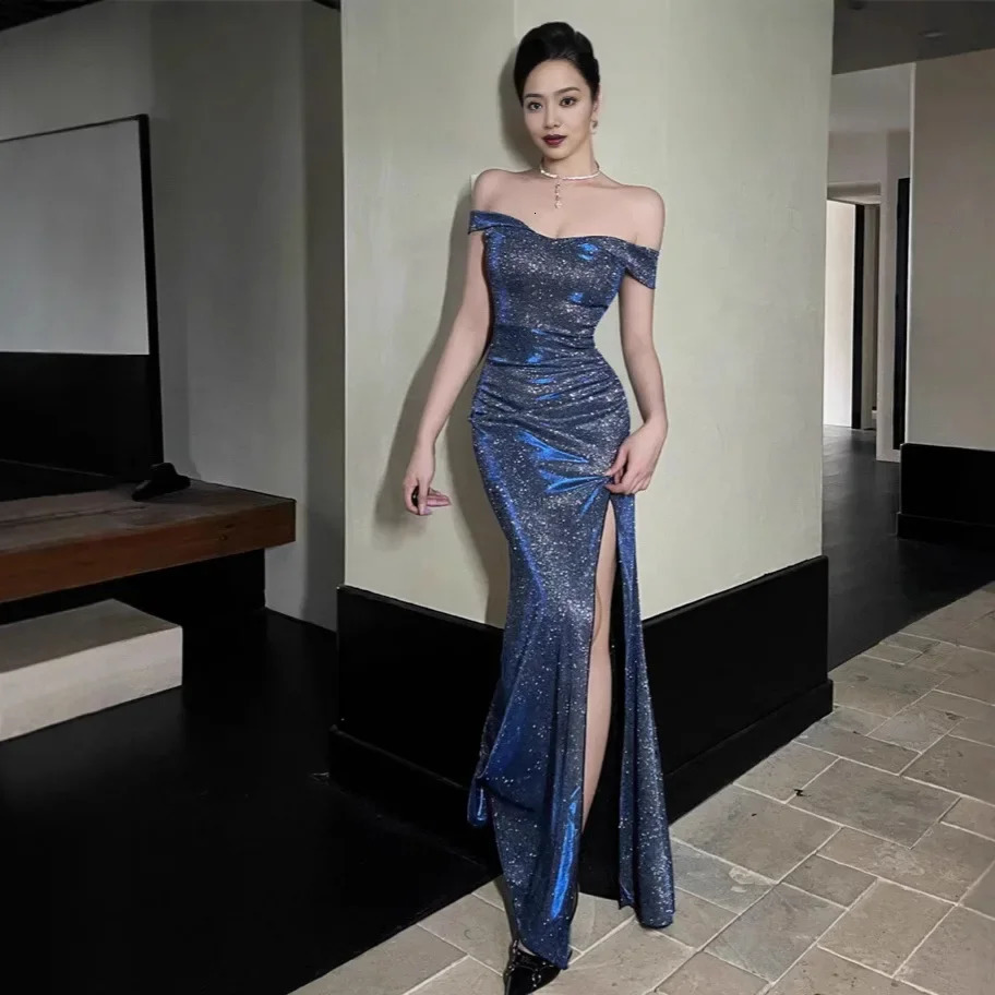 Blue Evening Gown One Shoulder Fish Tail Dress Performance Costume Birthday Party Adult Ceremony French Slit Tail Skirt 251217