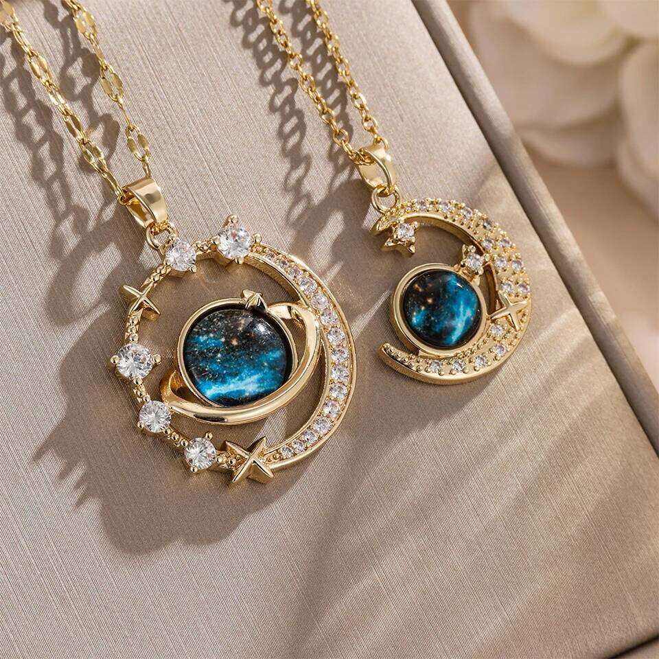 ZAKOL 2Pcs/Set Planet Universe Moon Series CZ Pendant Necklace Sliver Gold Color Titanium Steel Chain Choker Jewelry Gift