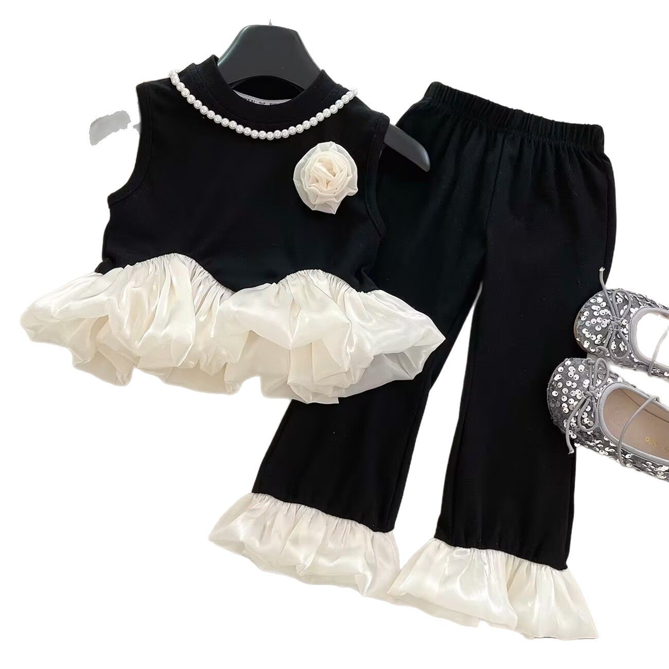 Luxury Kids Clothing 2026 Summer Girls 2-Piece Set, Floral Sleeveless Tank Top & Lace Trimmed Pants, Princess Style Toddler Outfit