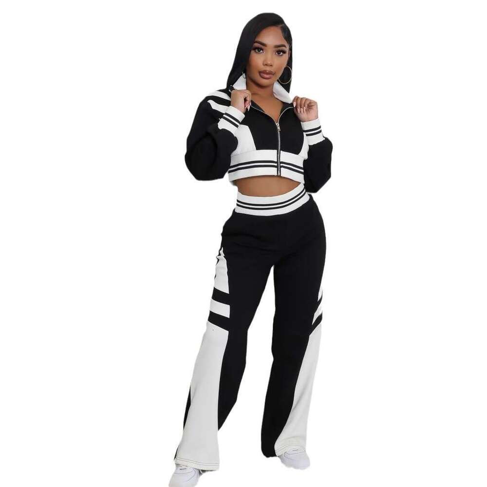 European and American Cross-Border Women's Fashion Autumn Winter New High Collar Zipper Top Two-Piece Set Color Block Long Pants Suit for Women