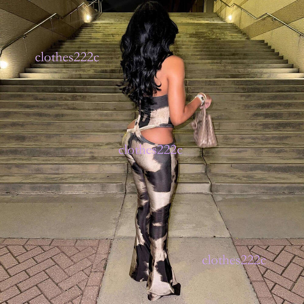 M80915 Cross-Border European And American Women's Fashion New Printed Sexy Halter Neck Tie Slim Fit Jumpsuit Luanyun - view 3