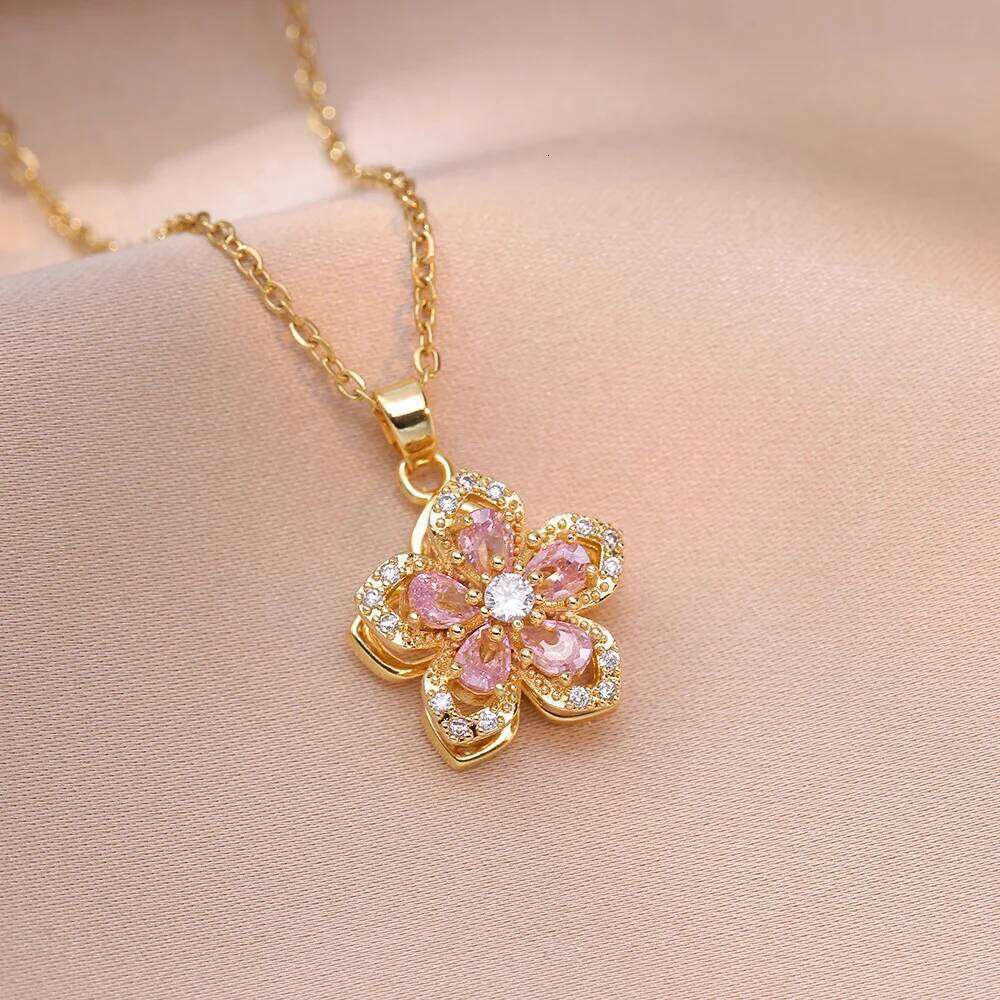 ZAKOL 2024 New Romantic Pink Zircon Pendant Geometric Heart Shaped Flowers Titanium Steel Chain Choker Necklace Gift