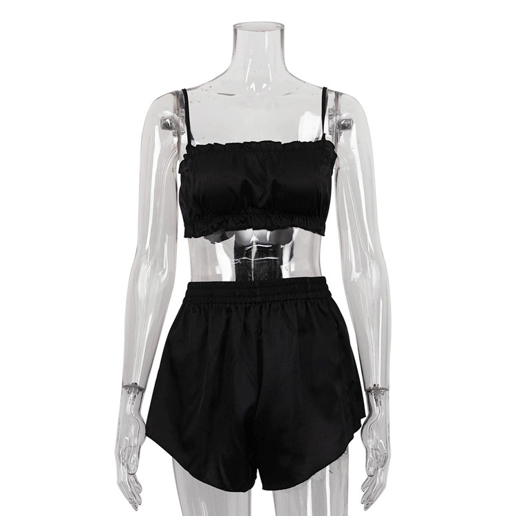 Lazy Style Casual for Women, New Sexy free shipping Ruffled Sleeveless Camisole Top and Shorts Pajama Two-Piece Set