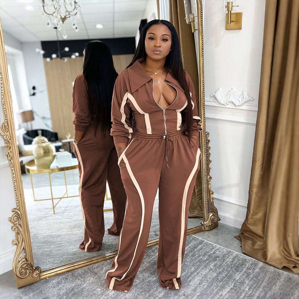 Amazon Hot-Selling Women's Clothing Autumn Winter Color-Block Long Sleeve Cardigan Sports Style Two-Piece Fashion Casual Set