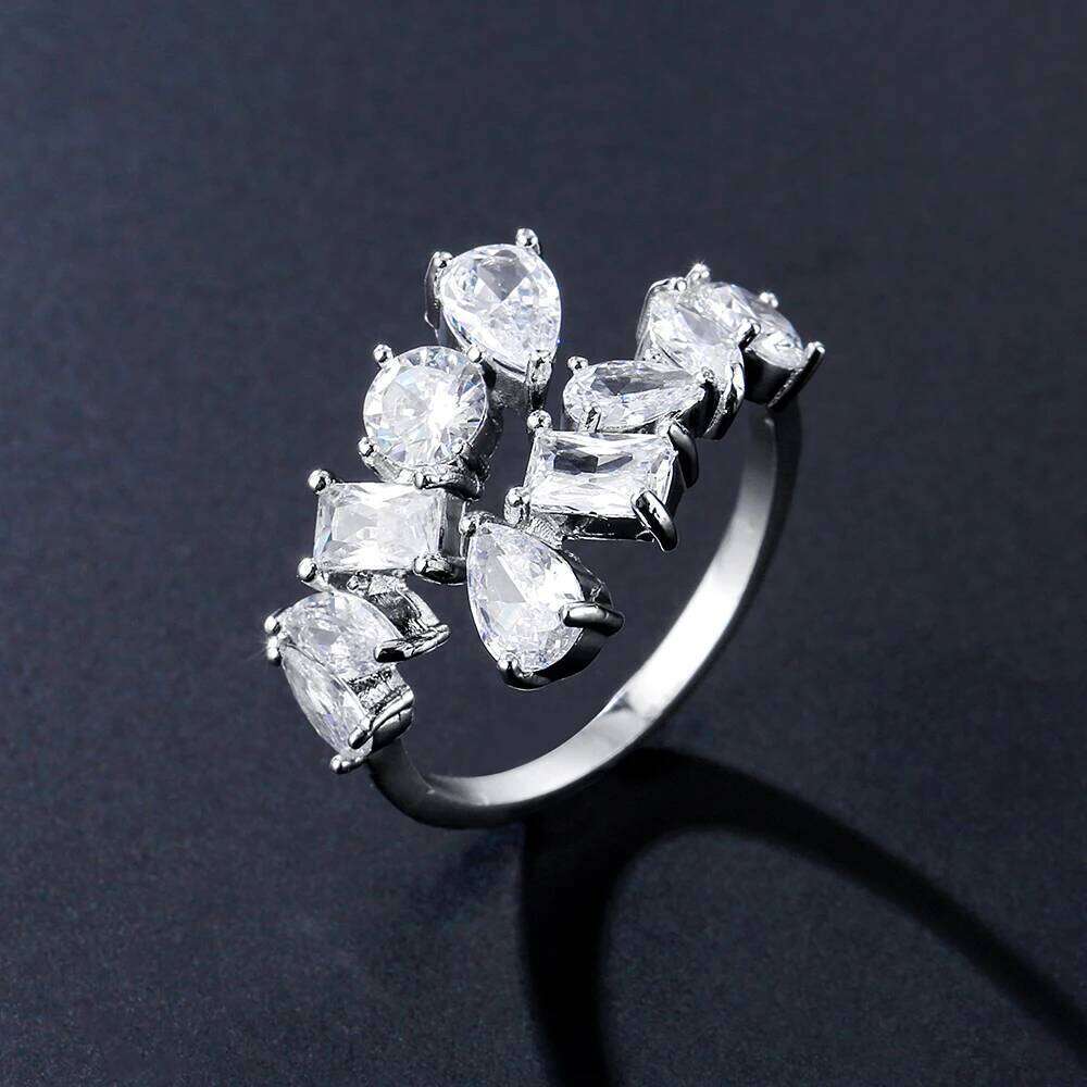 ZAKOL Fashion 3 Layers Irregular Zirconia Open Rings for Women Silver Color Ring Rectangle Shinny Jewelry