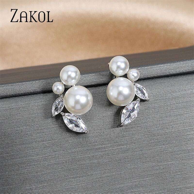 ZAKOL Simple Imitation Pearl Stud Earrings Shiny Clear AAA Zircon Bridal Earring Wedding Jewelry for Women