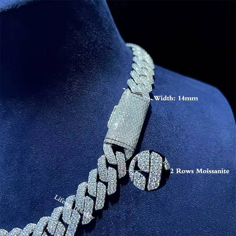 Pass Diamond Tester 14mm Moissanite Cuban Link Chain 925 Silver Chains VVS Moissanite Diamond Necklaces