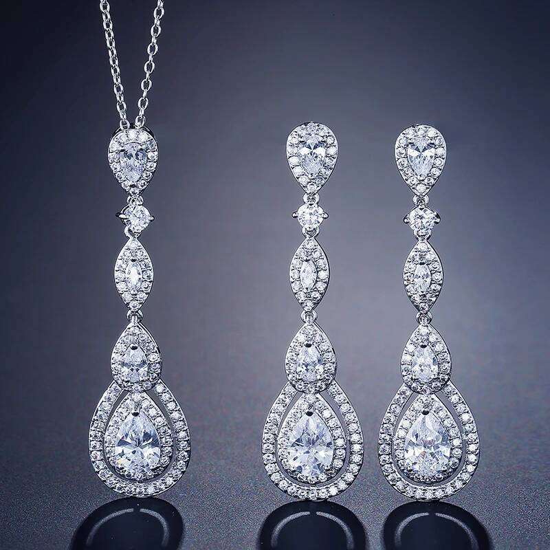 ZAKOL Elegant Zircon Bridal Wedding Jewelry Set Luxury Clear AAA Cubic Zirconia Long Drop Earrings Necklace