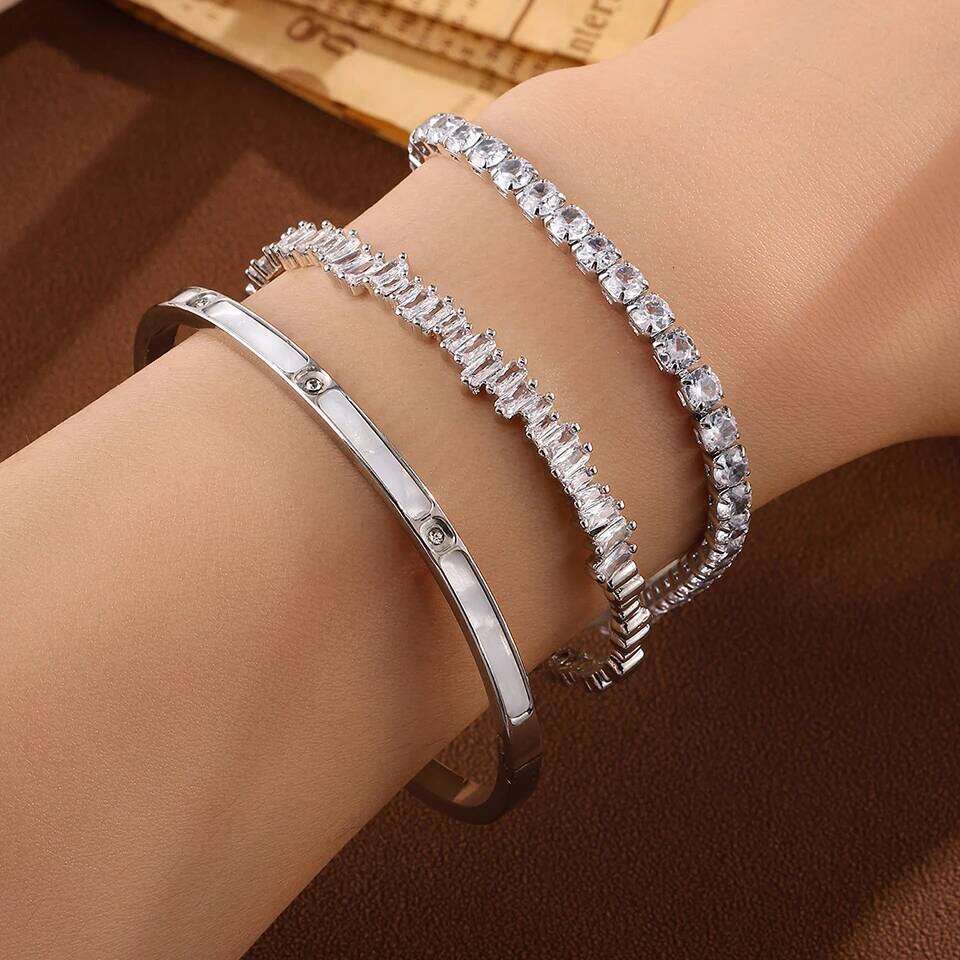 ZAKOL Three Pieces Copper Stainless Steel Stackable Bracelet Bangles for Women Shiny Geometric Zircon Wedding Party Jewelry