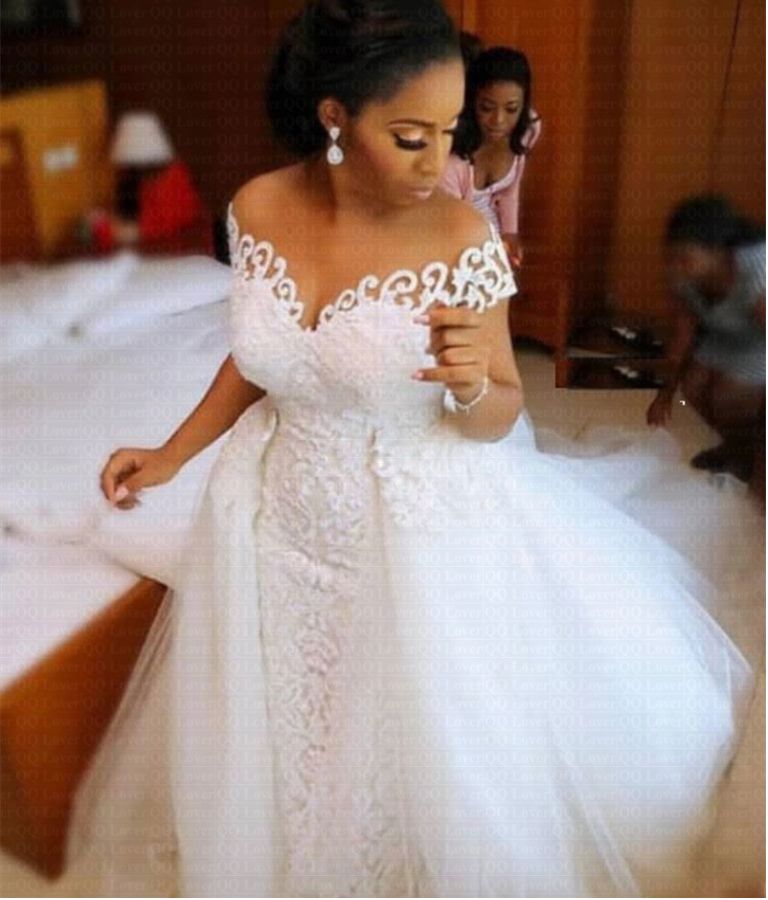 Amazing Off the Shoulder Arabic Mermaid Dress With Detachable Train Lace African Wedding Bride Gowns D28