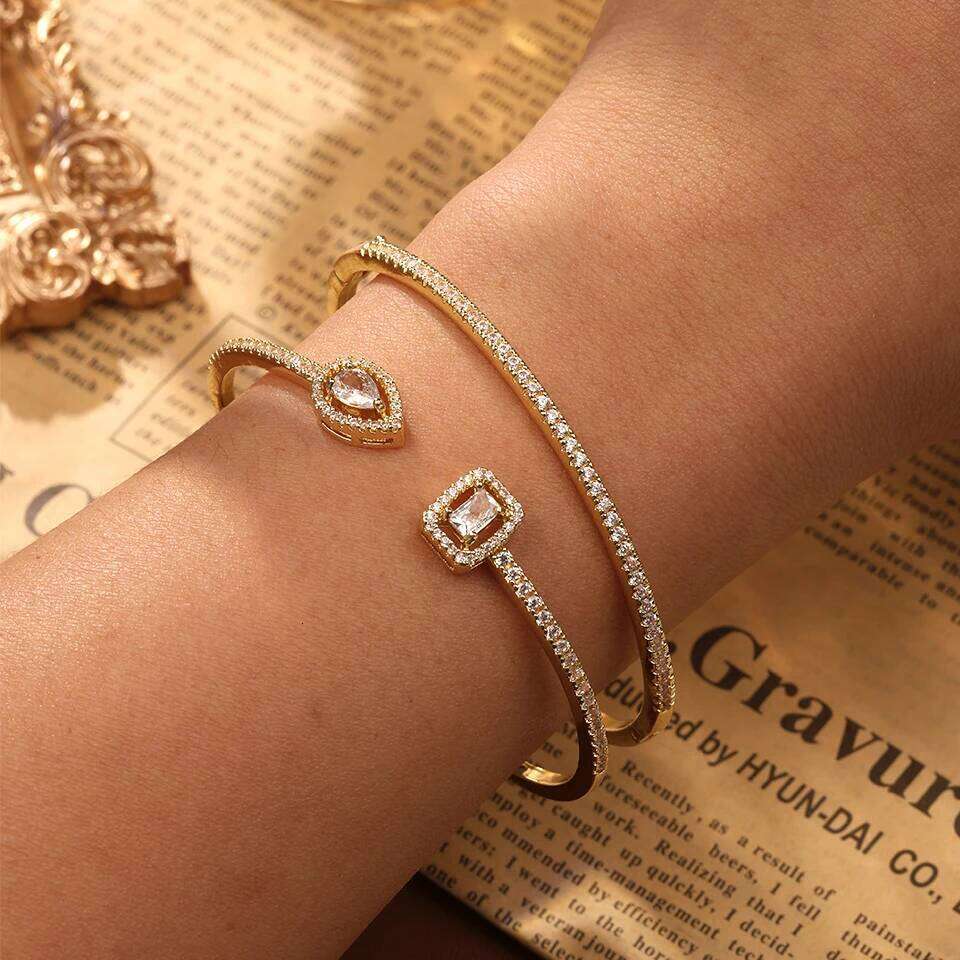 ZAKOL Classic Geometric AAA Cubic Zirconia Open Bracelet for Women Shiny Crystal Engagement Wedding Party 2 Pcs Bangle Set