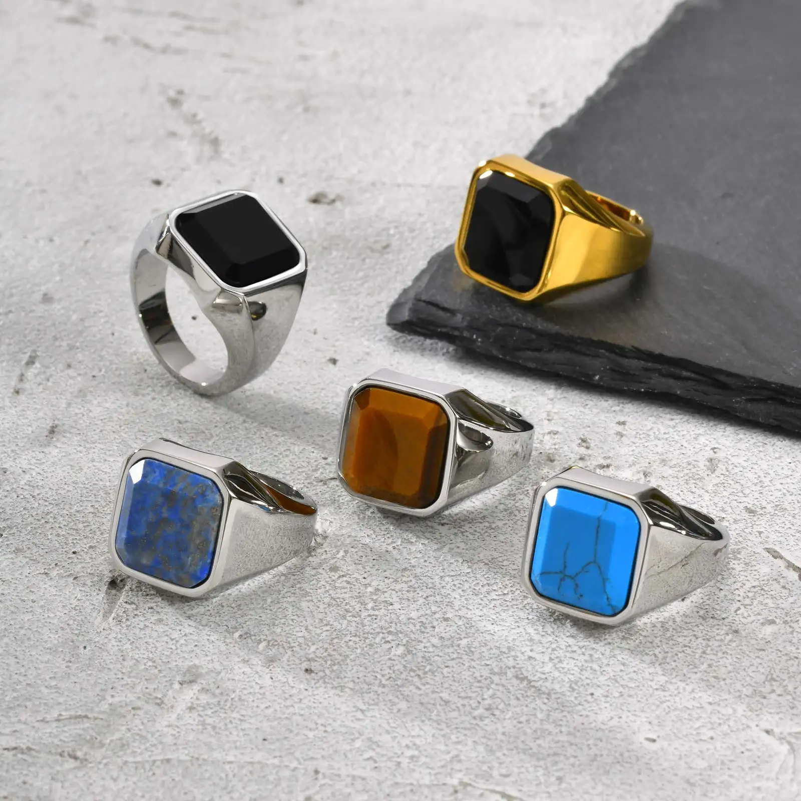 Punk Natural Stone Ring for Men BoysNever Fade Stainless Steel Square Signet RingBirthday Valentines Day Father Gift for Him 251213