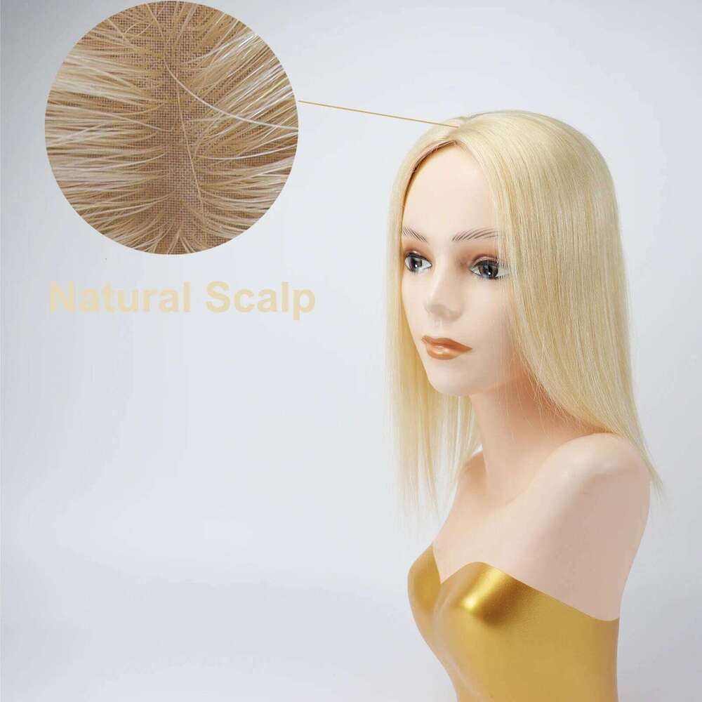 Base Topper Light Blonde Real Remy Human Hair Toupee Silk Top PU Around Full Hand Tied with Clips in for Women