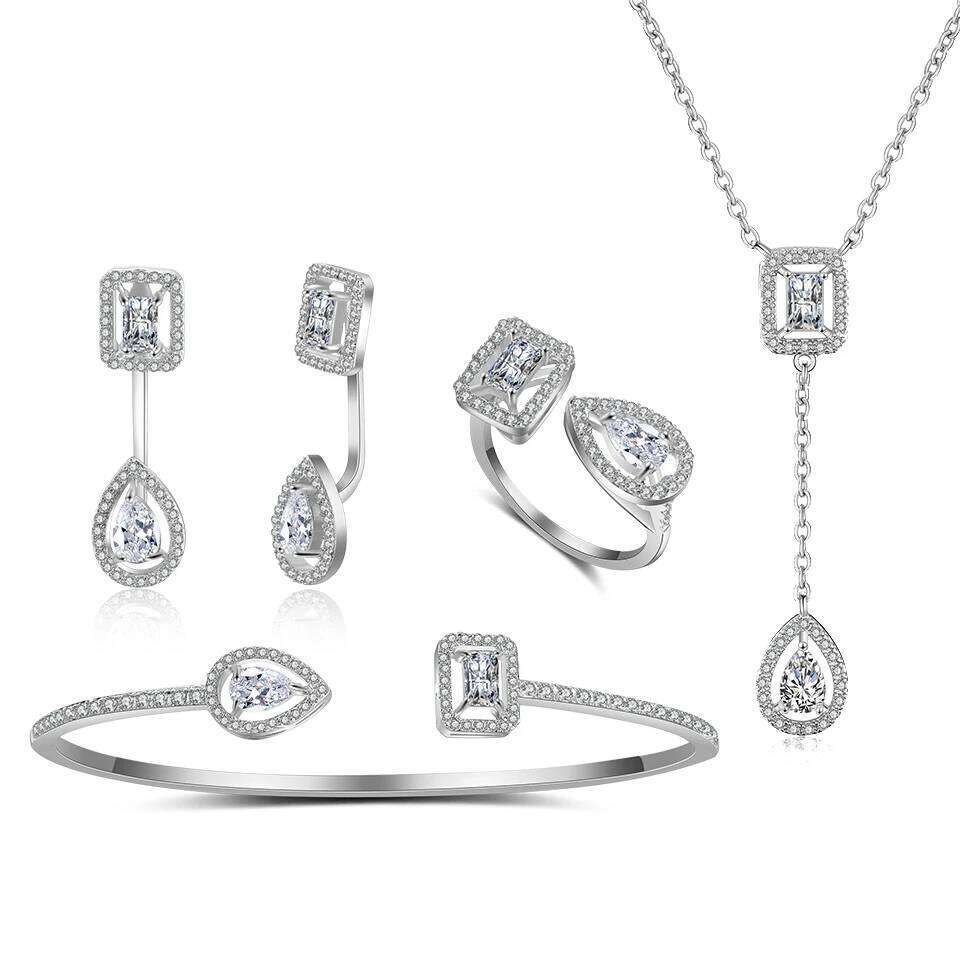 Classic Square Water Drop Party Jewelry Set for Women Transparent Shiny Cubic Zirconia Bridal Wedding Earring 4pcs Sets