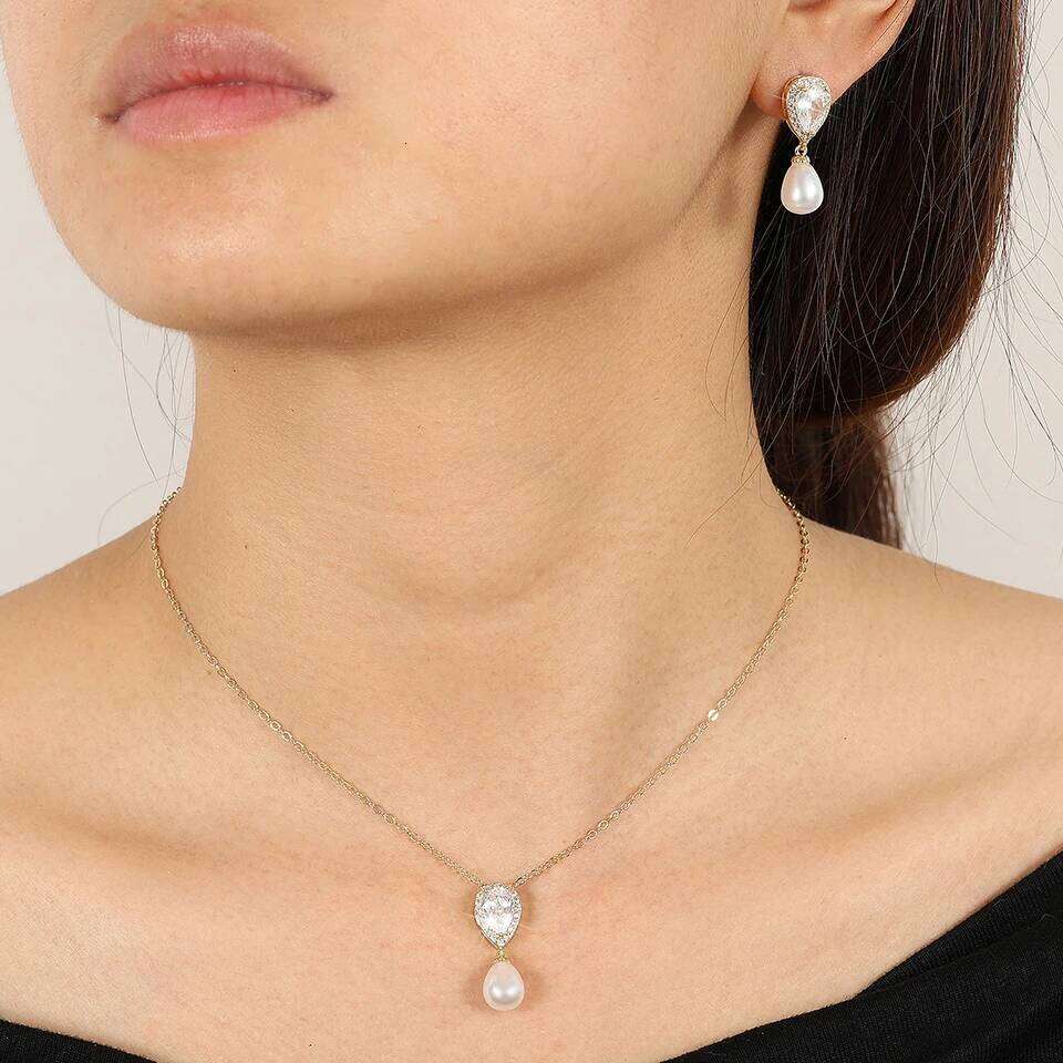 ZAKOL Luxury Water Drop Zirconia Dangle Necklace Teardrop-shaped Pearl Pendant Earring Wedding Jewelry Set