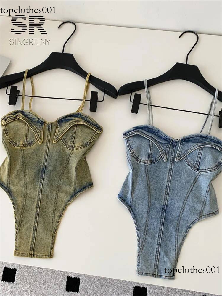 SINGREINY Ladies Sexy Denim Camisole Summer Slim Backless American Fashion Tank Vintage Distressed Streetwear Lingerie Top