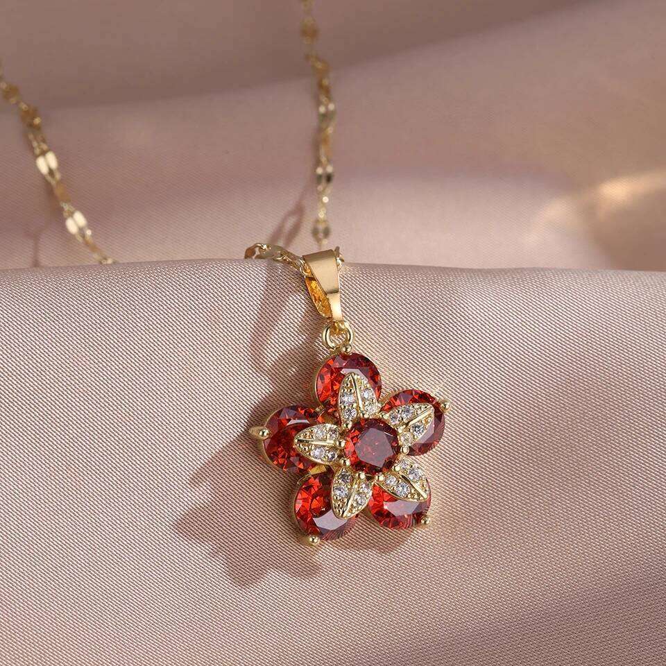 ZAKOL Rotable Flower Pendant Necklace Colorful Pink Crystal Zircon Stainless Steel Clavicle Chain Women's Accessories Gift