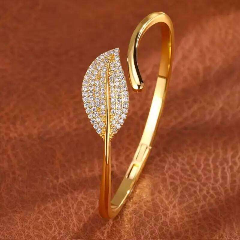ZAKOL Buling Micro Inlaid Zircon Leaves Open Bracelet Fashion Dubai Gold and Silver Color Bridal Jewelry for Women Wedding Acces