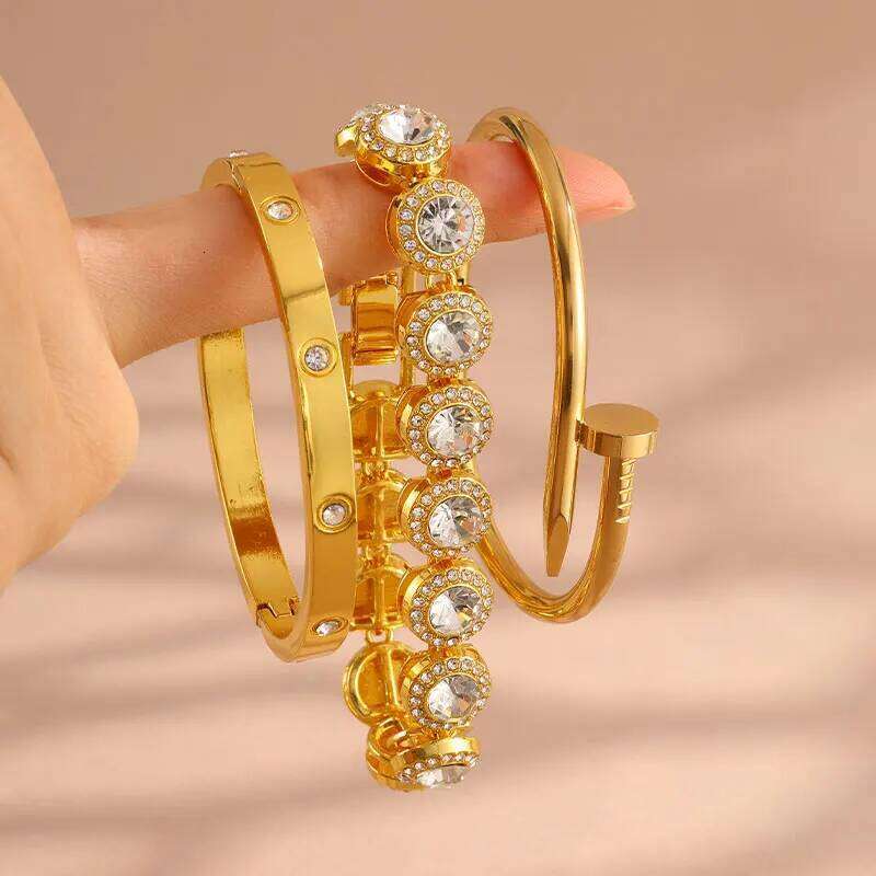ZAKOL 3-Piece Set Shiny Heart Rhinestone Stainless Steel Bangles Hip Hop Rock Fashion Stackable Bracelet Jewelry