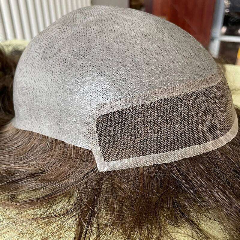 Men's Toupee 100% European Human Replacement Swiss Lace with Strong PU Around Man Hairpiece 4#Color Long Hair 12inch10x 8"